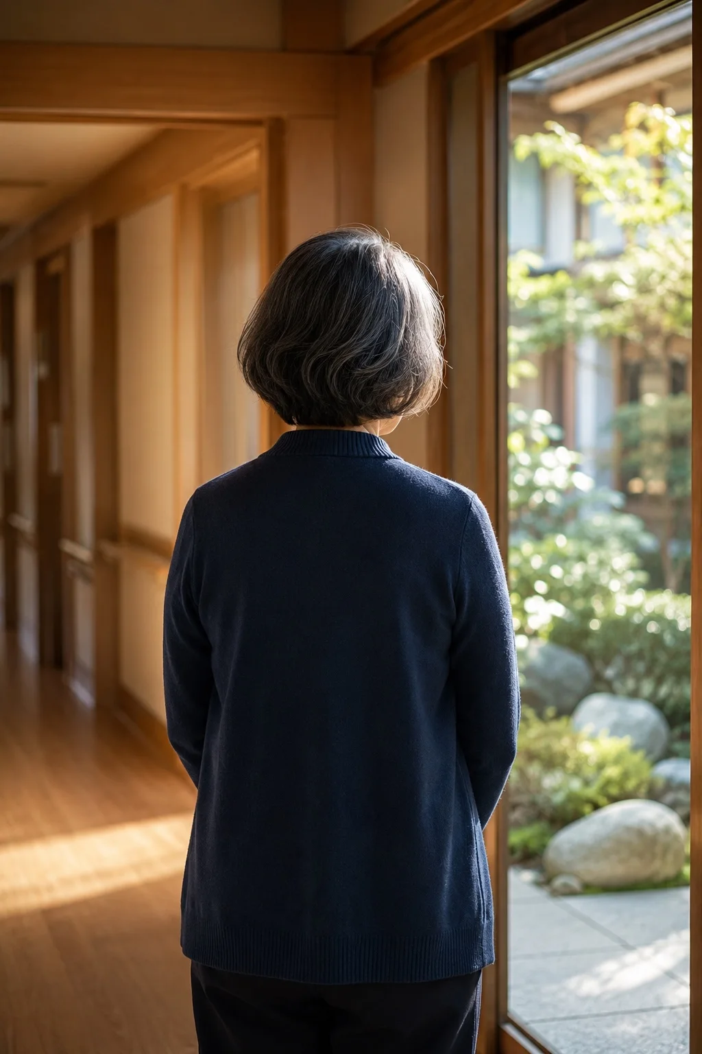 施設長・青井。中庭の窓に向かって立つ後ろ姿