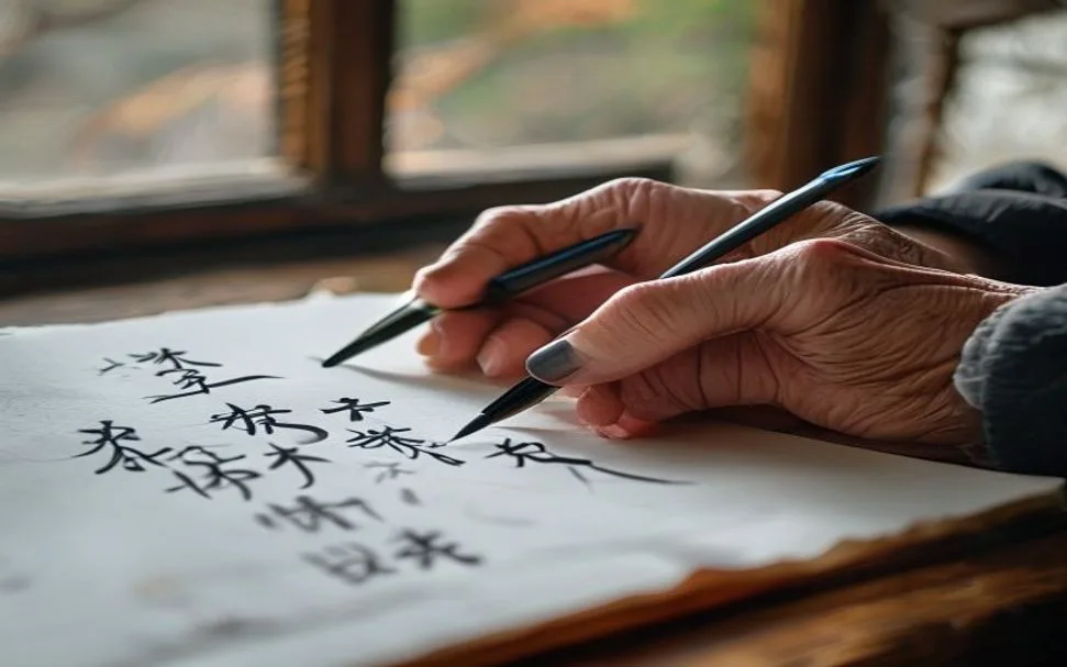 書道の時間。筆を持つ手元