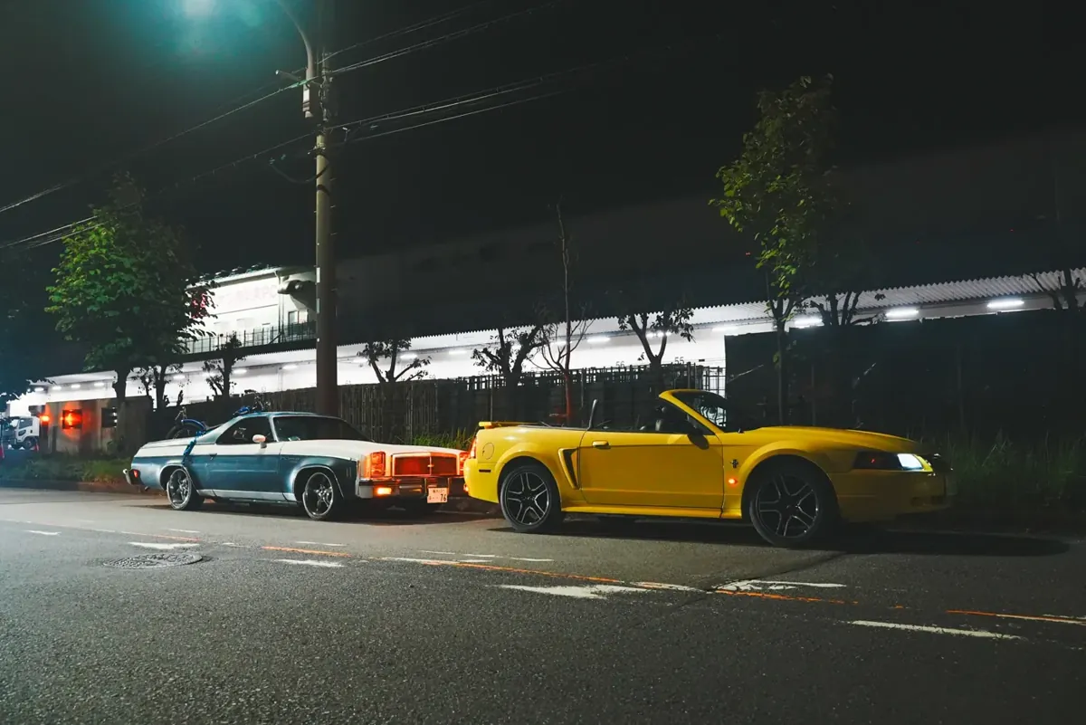 夜の駐車場、二台